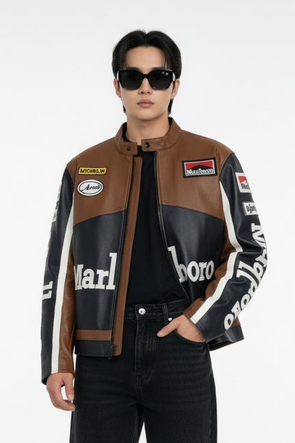 Marlboro ブラウン レザー レーシングジャケット・F1ジャケット通販