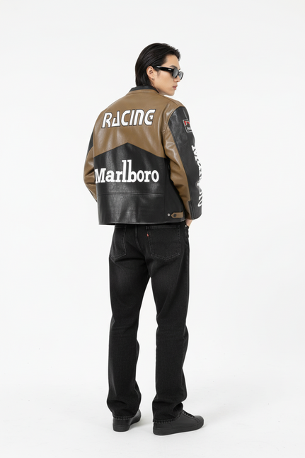 Marlboro フェイクレザーレーシングジャケット ブラウン