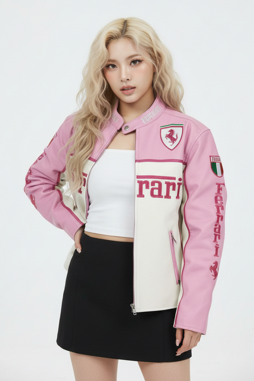 Ferrari フェイクレザーレーシングジャケット ピンク