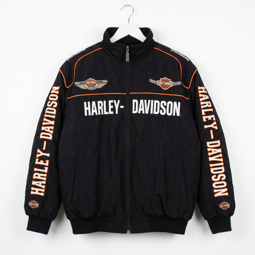 Harley-Davidson バイカーデザイン レーシングジャケット / F1ジャケット ブラック＆オレンジ 300km/h Club 正面